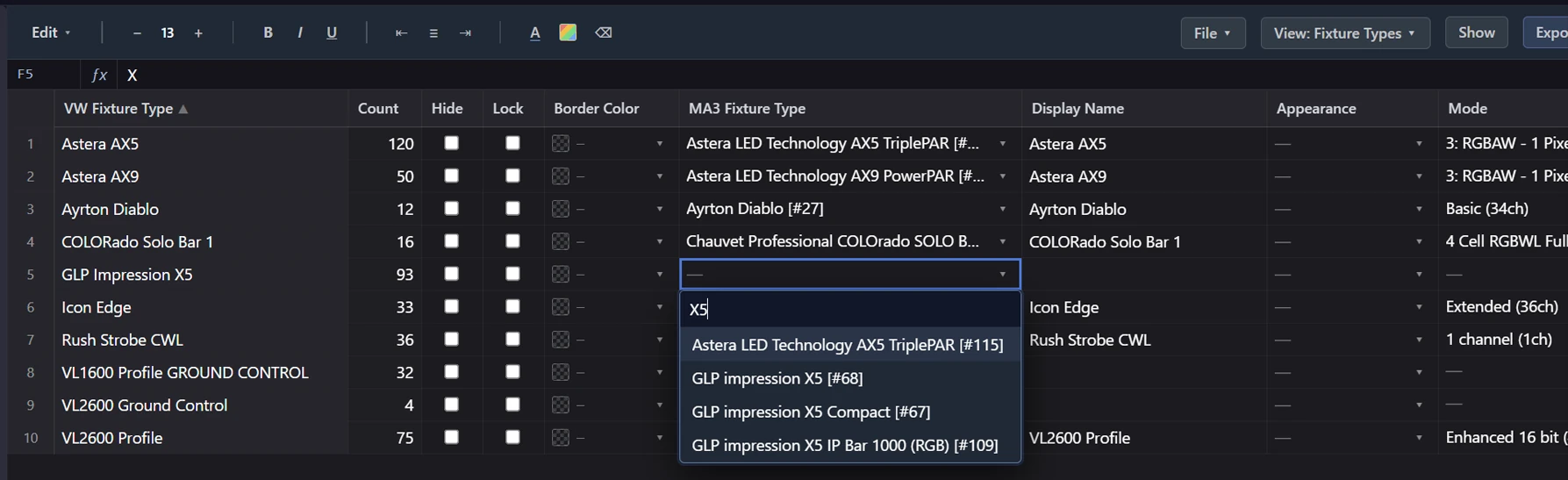 Matching Vectorworks fixture types to real MA3 fixture profiles in VLA