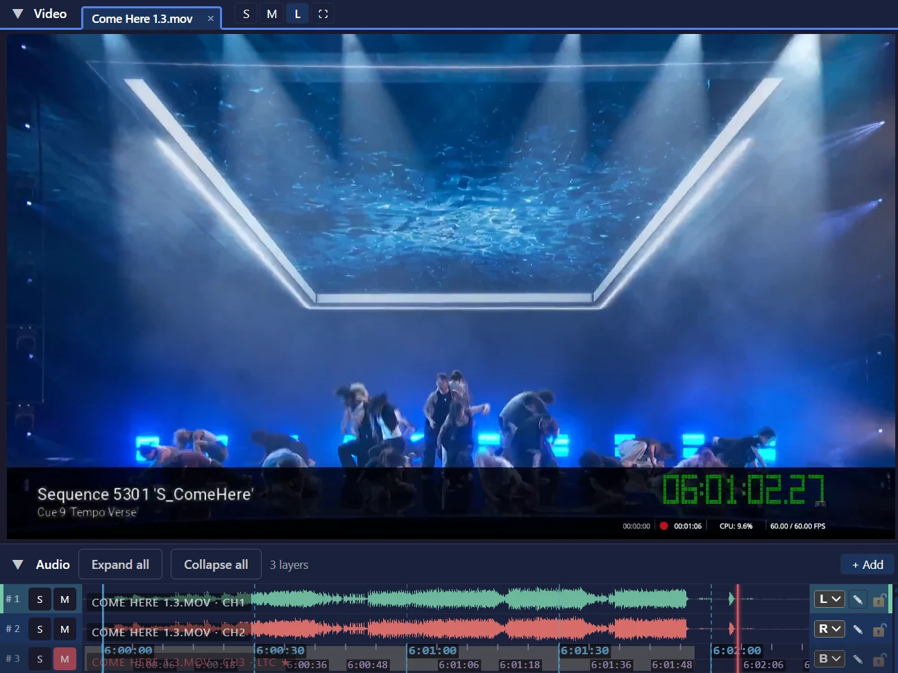 VLA Media Player: video with timecode readout over the audio layers