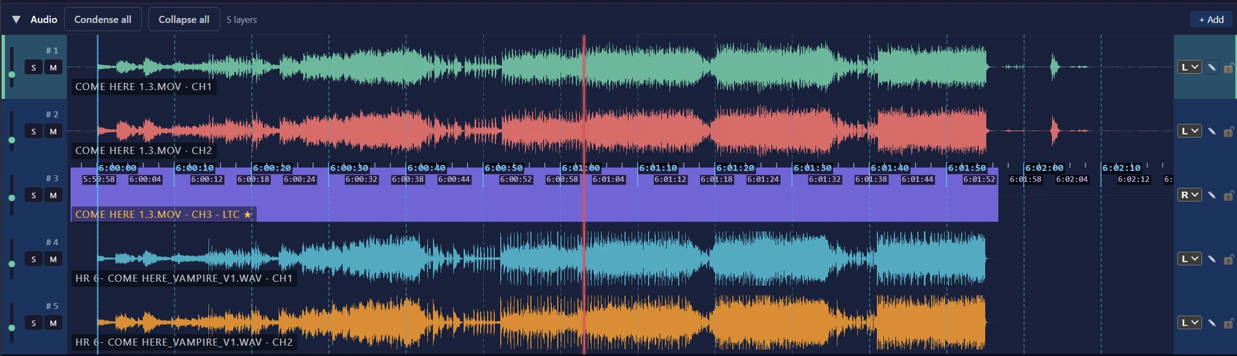 VLA audio timeline: five layers with the LTC layer and timecode ruler
