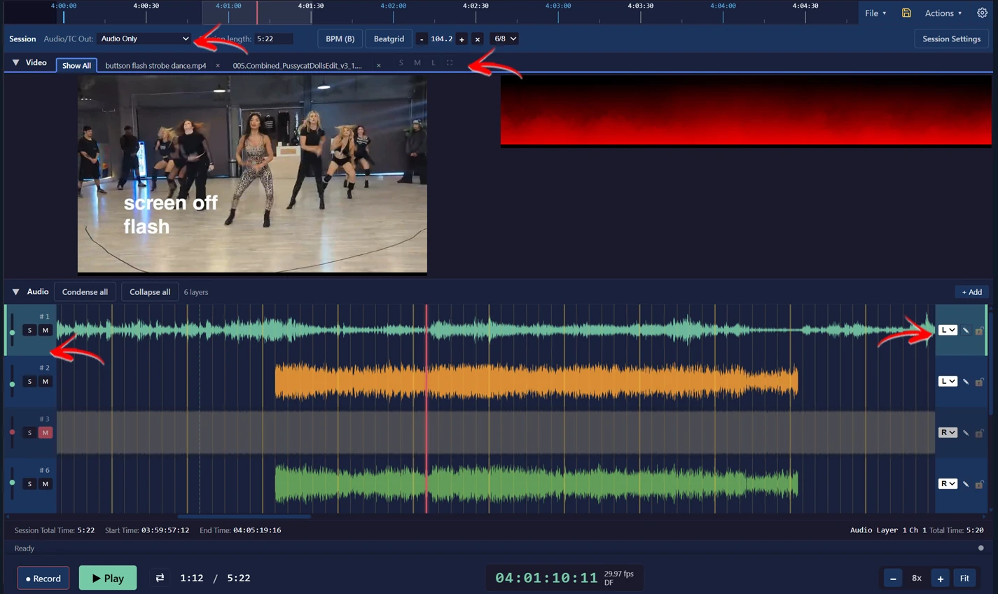 A timecoded audio session — waveforms, event layers, and a timeline ruler in one view