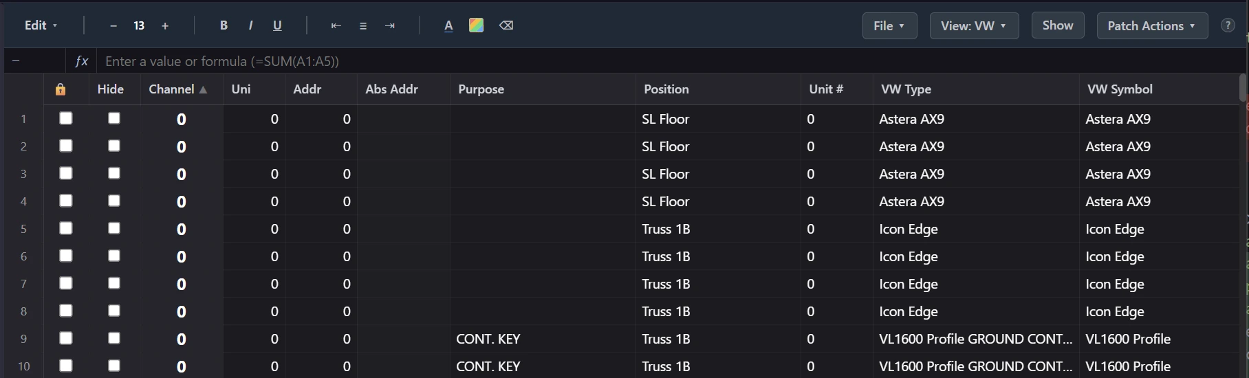 A Vectorworks plot imported as rows of per-fixture patch data