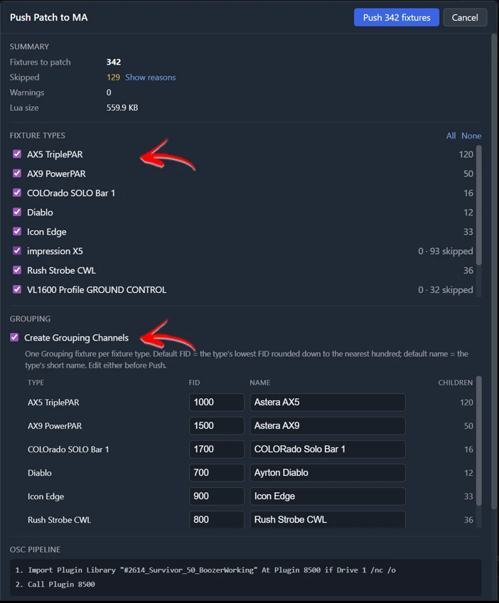 Push to MA3 dialog with preview